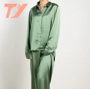 Conjuntos de pijama de seda cetim femininos, alta qualidade, manga comprida, roupa de dormir, 2 peças