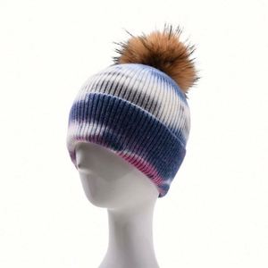 Custom Embroidery Knitted Winter Acrylic <b>Tie</b> Dye Women Knitted Hats Beanie Hat With Pom Pom - Product Image 2