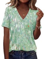 T-shirt imprimé à manches courtes et col en V pour femmes grandes tailles, motif abstrait vert, coupe classique, vêtements pour adultes