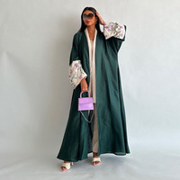 Abayas ouvertes vert foncé brodées à manches longues, motifs floraux, vêtements décontractés d'été pour femmes musulmanes, style Dubaï 2024
