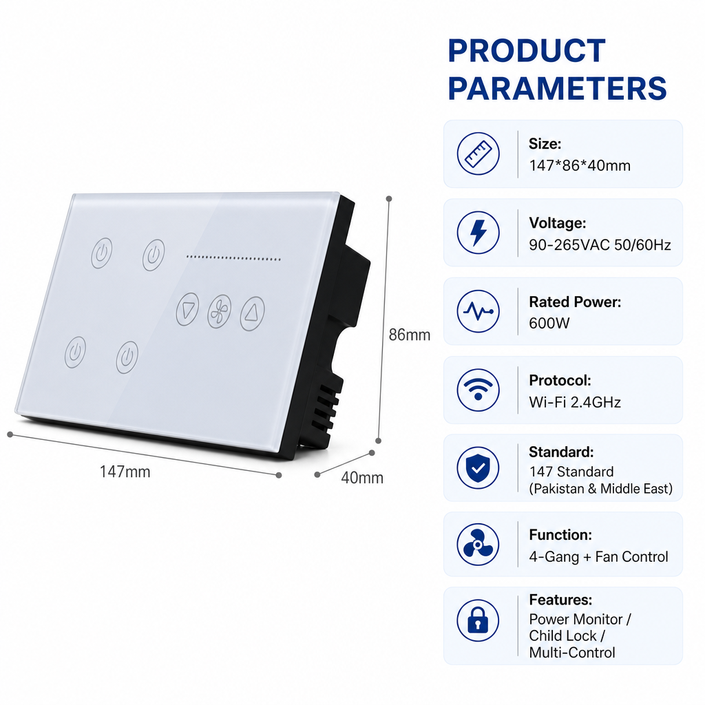 147*86mm WiFi Smart Touch Wall Switch 4 Gang Light & Fan Speed Control Power Monitoring Child Lock Pakistan/Middle East · image 2