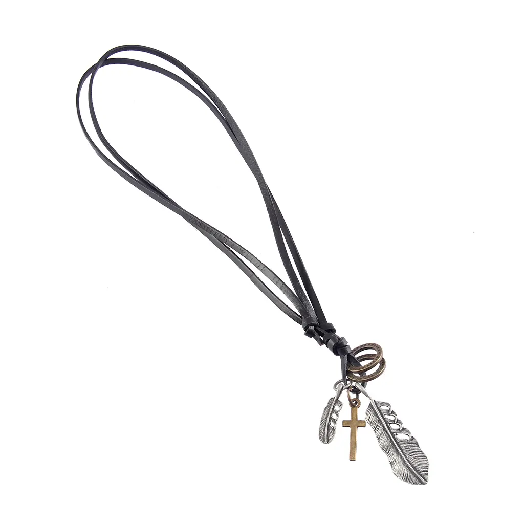 Silver feather accessories pendant necklace personality Retro Alloy Leather Necklace European and n popular jewelry