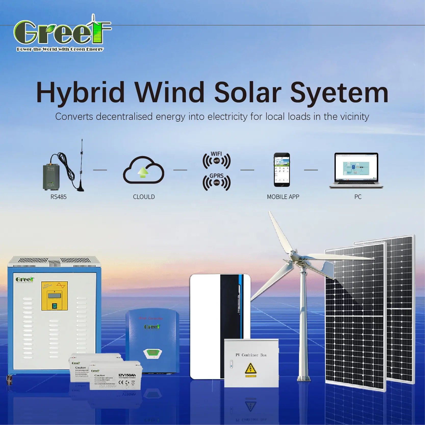 Sistem hibrida tenaga surya dan angin, 15kW 20kW 30kw dengan kontrol pitch turbin angin 10KW dan sistem tenaga surya disesuaikan