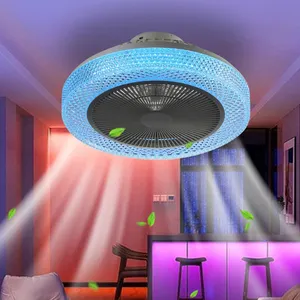 현대 플러시 마운트 천장 팬 RGB 밝기 조절이 가능한 LED 동봉 천장 팬 어린이 룸 파티를위한 날이없는 LED RGB 주변 조명