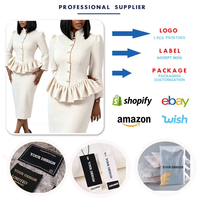 D646 Nouveauté : Ensemble tailleur femme chic pour le bureau – Haut à col montant et manches longues à volants et jupe – Tenue professionnelle 2 pièces pour femme
