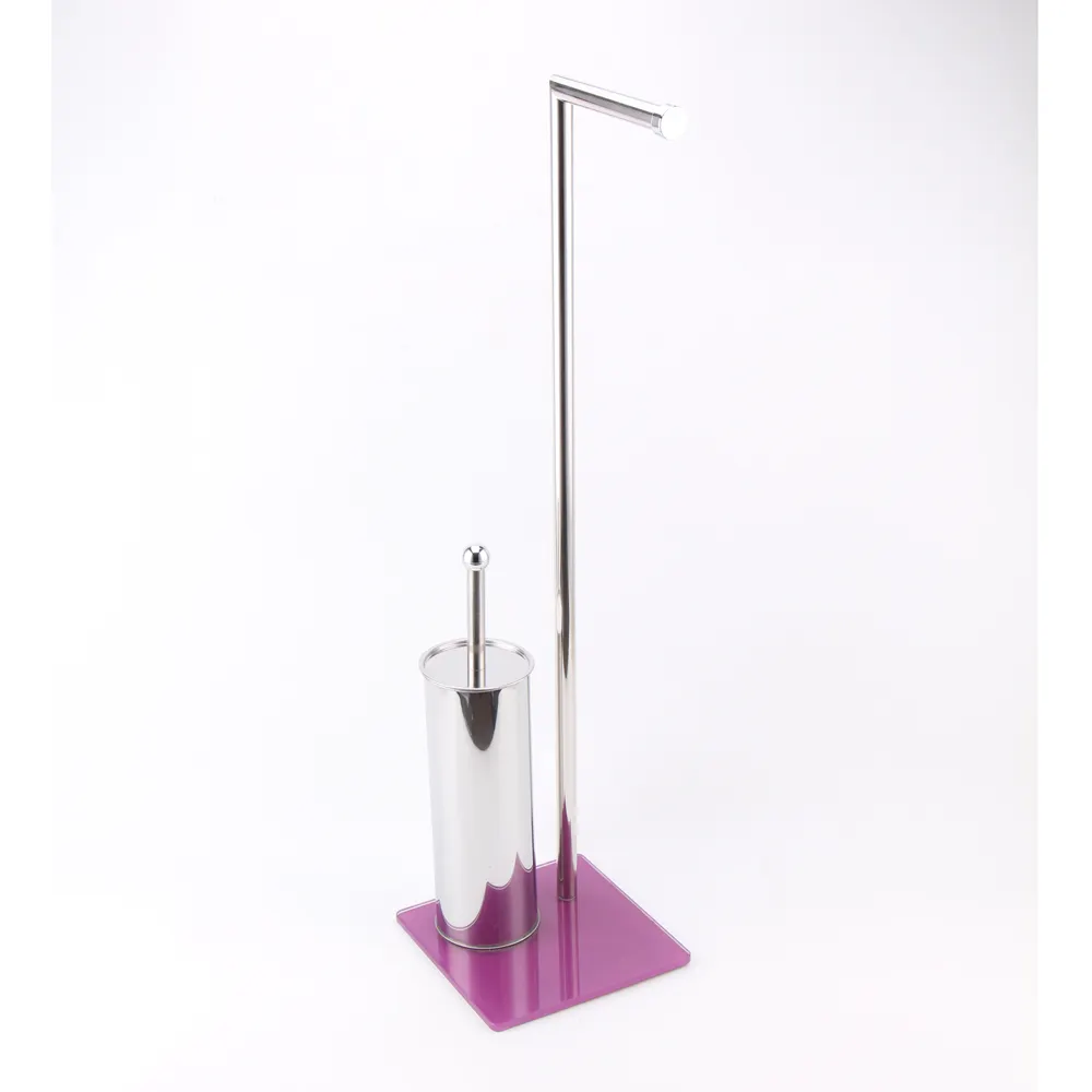 Brosse de toilette en acier inoxydable pour salle de bain avec porte-rouleau de papier autoportant avec base en verre violet