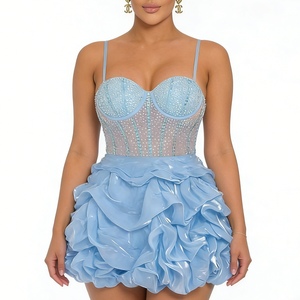 Robes de soirée sexy ajustées pour femmes, ornées de strass, extensibles, sans bretelles, à col halter et à volants, tendance - Product Image 4