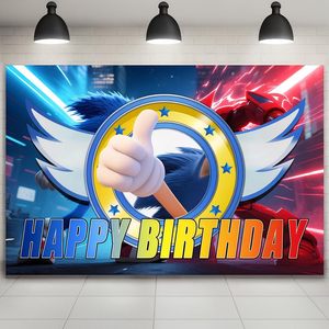 Fondo fotográfico <span class=keywords><strong>de</strong></span> feliz cumpleaños, telón <span class=keywords><strong>de</strong></span> fondo azul con diseño <span class=keywords><strong>de</strong></span> <span class=keywords><strong>Sonic</strong></span> y diamantes, decoración para fiesta <span class=keywords><strong>de</strong></span> cumpleaños, personalizable - Product Image 2
