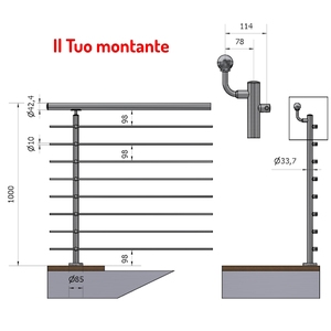 MAIN COURANTE DROITE Ø 33.7 OFFSET 8 CROSSBEAMERS AISI 304 FIXATION EN ACIER INOXYDABLE SATINÉ Main courante à hauteur de sol - Product Image 1