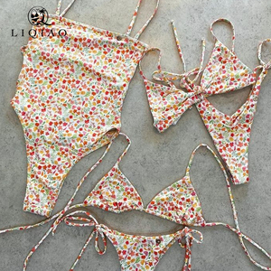 Set Baju Renang 2 Potong Motif Bunga Pastel Push Up Halter Cetak Digital Logo Kustom Ukuran XL - Product Image 1