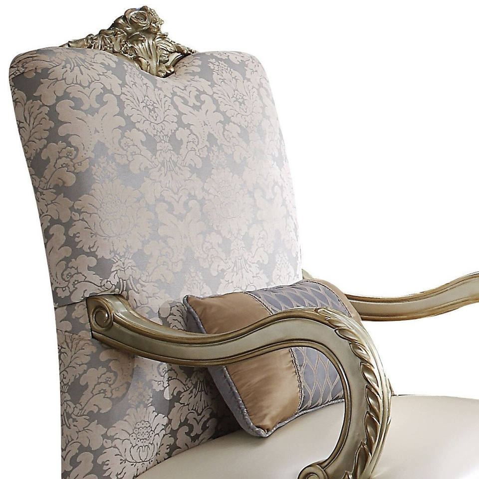 HMS 34\" Pearl and Gold Floral Arm Chair and Toss Pillow Luxury Faux Leather Living Room Furniture