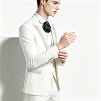 Costume de smoking blanc sur mesure 3 pièces pour homme, coupe ajustée, avec revers à sequins, veste, gilet et pantalon, idéal pour spectacle, bal de promo, mariage - Fabrication OEM/ODM
