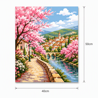 Peinture acrylique sur toile, kit de peinture par numéros DIY 40x50cm, paysage de ville aux cerisiers en fleurs, art fait main pour la décoration de la maison