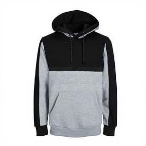 Men's Hooded <b>Sweatshirt</b> Color Blocking Grey <b>Black</b> Regular Fit Casual Autumn Wear With Pocket Knitted French Terry - Product Image 1