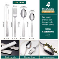 Lot de 4 couverts uniques en acier inoxydable, cuillère, fourchette, couteau, finition miroir argenté, pour mariage