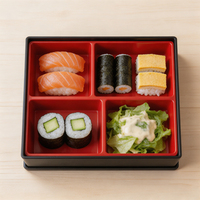 Boîte à bento réutilisable de style japonais, 5 compartiments, haute qualité, noir et rouge, étiquette personnalisée, livraison rapide dans le monde entier