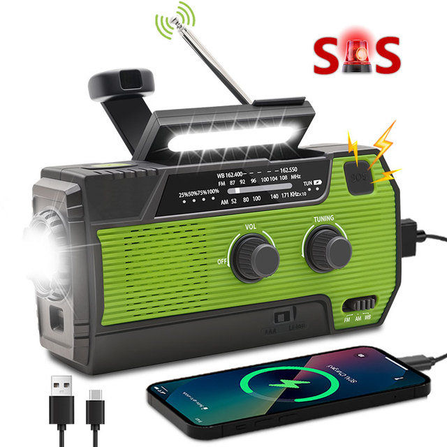 Portable Emergency Power Bank USB Charger Solar SOS Alarm NOAA Weather Radio with AM/FM Bands Flashlight