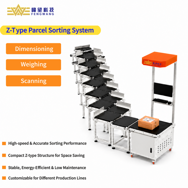 New Stainless Steel Z-Shaped Automatic Parcel Sorter with DWS Dimensioning Weighing and Scanner System for Warehouses