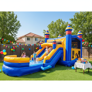 Château Gonflable Commercial Bleu et Jaune à Trois Voies avec <span class=keywords><strong>Piscine</strong></span> pour Fêtes Estivales et Locations - Product Image 1