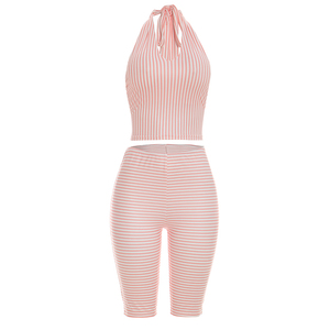 Viviblook Y26ST116 Women Summer <b>Set</b> Striped Print Halter Tank Top Tight Fitting Shorts Two Piece <b>Set</b> for Ladies - Product Image 5