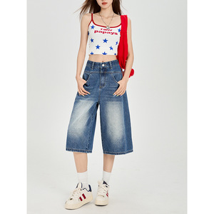 Jeans Cortos de Cintura Alta Azules Retro para Mujer, Diseño Holgado y Versátil de Pierna Ancha y Recta para Verano - Product Image 3