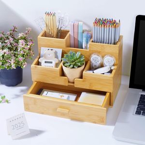 Bamboo Desktop <b>Storage</b> <b>Box</b> 3 Layer Compartmentalized Office Organizer With <b>Drawer</b> For Stationery And Supplies - Product Image 1