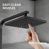 Ensemble de douche moderne en acier inoxydable poli, système de douche triangulaire à effet pluie et jets avec douchette à main, noir et chrome