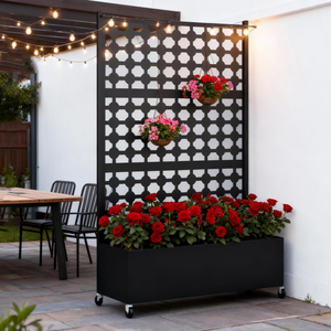Paravent d'extérieur moderne noir personnalisable avec jardinière et <span class=keywords><strong>treillis</strong></span> métallique pour plantes grimpantes et légumes, idéal pour la maison - Product Image 2