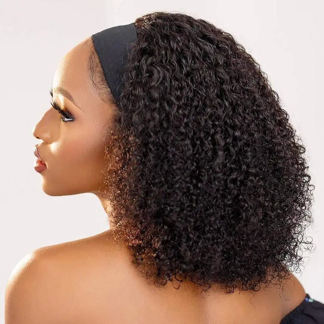 OEM 100% Cheveux Humains Véritables Filles Coiffure Courte Afro Femmes Bandeau Perruques en Cheveux Vierges Afro Crépus Bouclés Demi Perruque avec Bandeau