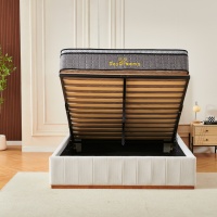 Cadre de lit avec rangement hydraulique, rembourré en tissu crème, lit plateforme capitonné verticalement avec grand espace de rangement sous le lit