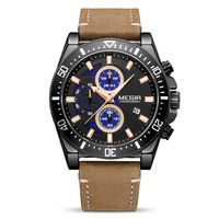 MEGIR Montre pour hommes avec bracelet en cuir chronographe multifonction étanche calendrier lumineux populaire Montre à quartz pour hommes