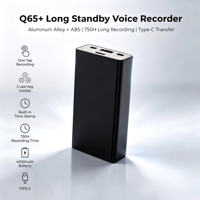 Enregistreur vocal Q65+ tendance avec batterie ultra-longue durée 750H |   4000 mAh, Dos magnétique, Trou pour cordon, Type-C, Activation vocale