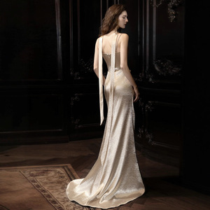 Evening Gown Women Champagne Strapless Draped Natural Waist Long Dress For Coming Of Age Ceremony - Product Image 4