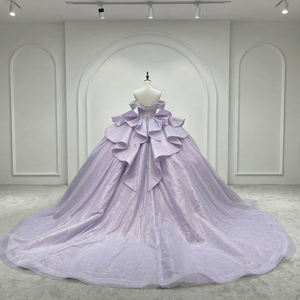 Vestido de Quinceañera Lsmc130 Princesa Morado con Cuentas, Encaje, Apliques Florales, Cintura Natural y Cola Capilla para Fiesta - Product Image 6