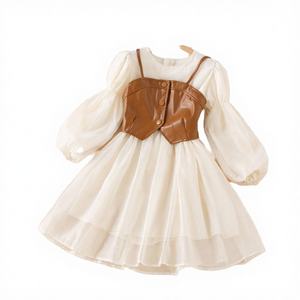 Conjunto de Falda y Chaleco de Piel Sintética Ecológica con Cuello Redondo y Flores para Niñas + Falda Larga de Gasa con Mangas Largas, Estilo Princesa, Informal, para Otoño - Product Image 4