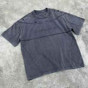 เสื้อยืดสตรีทแวร์ผ้าฝ้ายแบบขาดๆ ดีไซน์เนอร์พิมพ์ลาย คอกลม ทรงบ็อกซี่ ซักแล้ว ทรงโอเวอร์ไซส์ สไตล์ดิสเทรส สำหรับผู้ชาย - Product Image 1