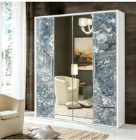 Armoire coulissante en mélamine imprimée motif anneaux d'arbre vert frais avec porte miroir pour rangement de vêtements à usage domestique