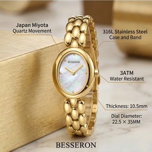Montre élégante pour femme Besseron, boîtier ovale doré, montre à quartz analogique avec cadran en nacre et fermoir de bijoux tendance, 5 ATM - Product Image 2