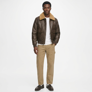 Men's Genuine <b>Leather</b> Bomber <b>Jacket</b> With Faux Fur Collar Zipper Closure Windproof <b>Winter</b> Casual Style - Product Image 1