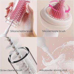 Ensemble de brosses électriques portables en silicone 7-en-1 avec lumière UV, chargement USB, nettoyeur de tétines/pailles, mélangeur de lait et étui de rangement - Product Image 5