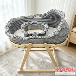 <strong>Grey</strong> Hand Woven Baby Bassinet <strong>Moses</strong> <strong>Basket</strong>, Rockable Wooden Stand, Portable Newborn Sleeping Cradle - Product Image 2