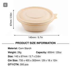 Bol rond biodégradable en amidon de maïs de 650 ml (22 oz) avec couvercle, micro-ondable, anti-fuite, jetable, pour salade, soupe, plats à emporter - Product Image 2