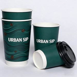 Eco-Friendly Custom Logo Disposable <b>8oz</b>-16oz Green Flexo CMYK Paper <b>Cups</b> Double Wall Lid for Cafe Use Factory Wholesale Stamping - Product Image 1