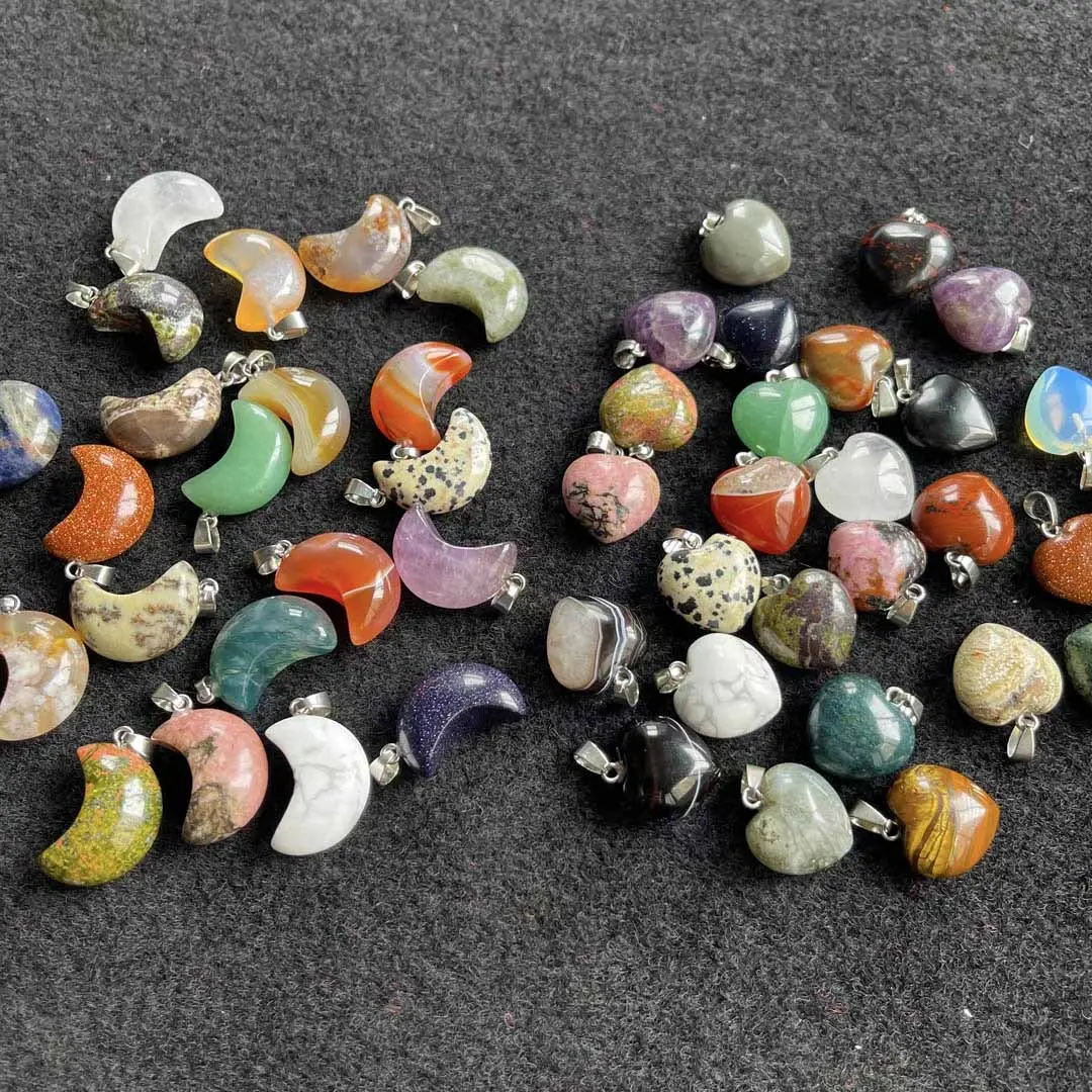 Wholesale Semi-precious Gemstone Love Heart Shaped Stone Pendants Charms Crystal Moon Necklace Jewelry