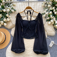 Chemisier court élégant pour femme, style français, col halter carré, avec empiècements en dentelle et manches longues lanternes, pour l'automne
