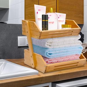 Bamboo Fruit Rack 2 Tier Stackable Foldable Storage Shelf For <b>Kitchen</b> Countertop Display - Product Image 4