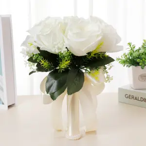 wholesale hot delicate hand-held flower hand-made ins forest series milky white pink ribbon silk flowers imitate roses white