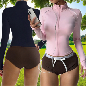 Abrigo de gimnasio suave de nuevo diseño para mujer, chaqueta deportiva adelgazante de manga larga con cremallera completa y agujeros para el pulgar, cuello transpirable - Product Image 2