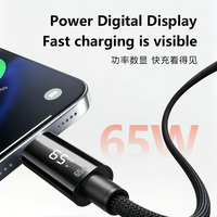 65W LED-Display Schnellkabel USB-C zu C Kabel 6A PD Schnellladung Nylon-Ummanteltes Typ-C-Kabel mit Digitaler Leistungsanzeige 1m