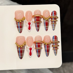 <span class=keywords><strong>Uñas</strong></span> Postizas Acrílicas con Diseño de Gel Brillante, Estilo Académico Vintage con Patrón Rojo Y2K, Hechas a Mano, <span class=keywords><strong>Tendencia</strong></span> 3D, Personalizadas, Forma Almendrada - Product Image 1